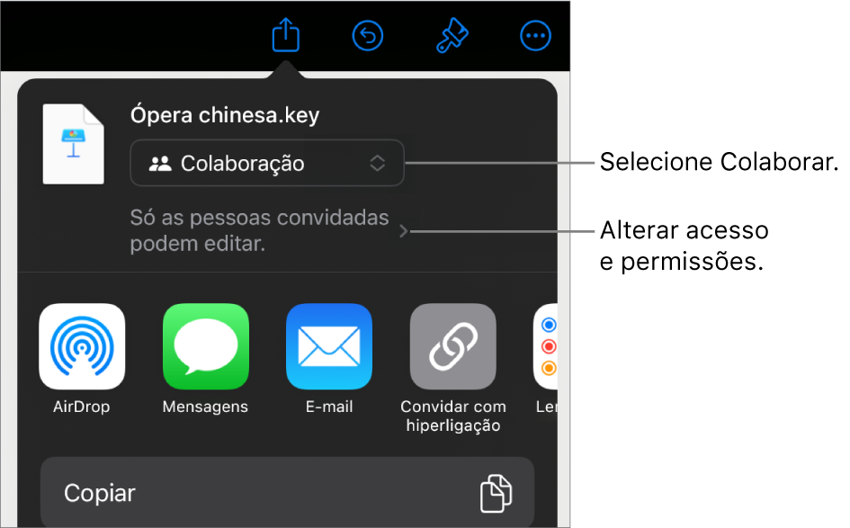 O menu "Partilhar” com “Colaboração” selecionada na parte superior e as definições de acesso e permissão por baixo.