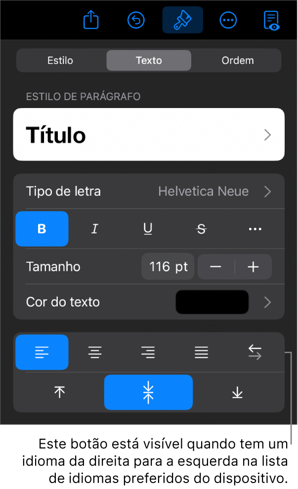 Controlos de texto no menu "Formatação” com uma chamada para o botão “Da esquerda para a direita”.