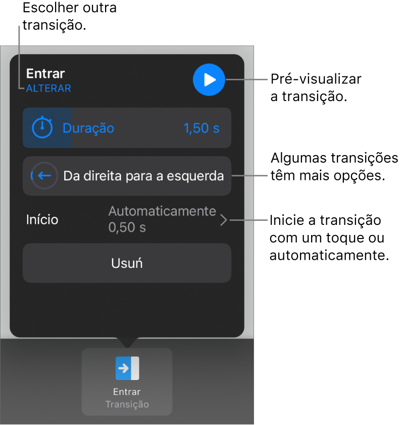 Controlos no painel de opções para modificar as transições.