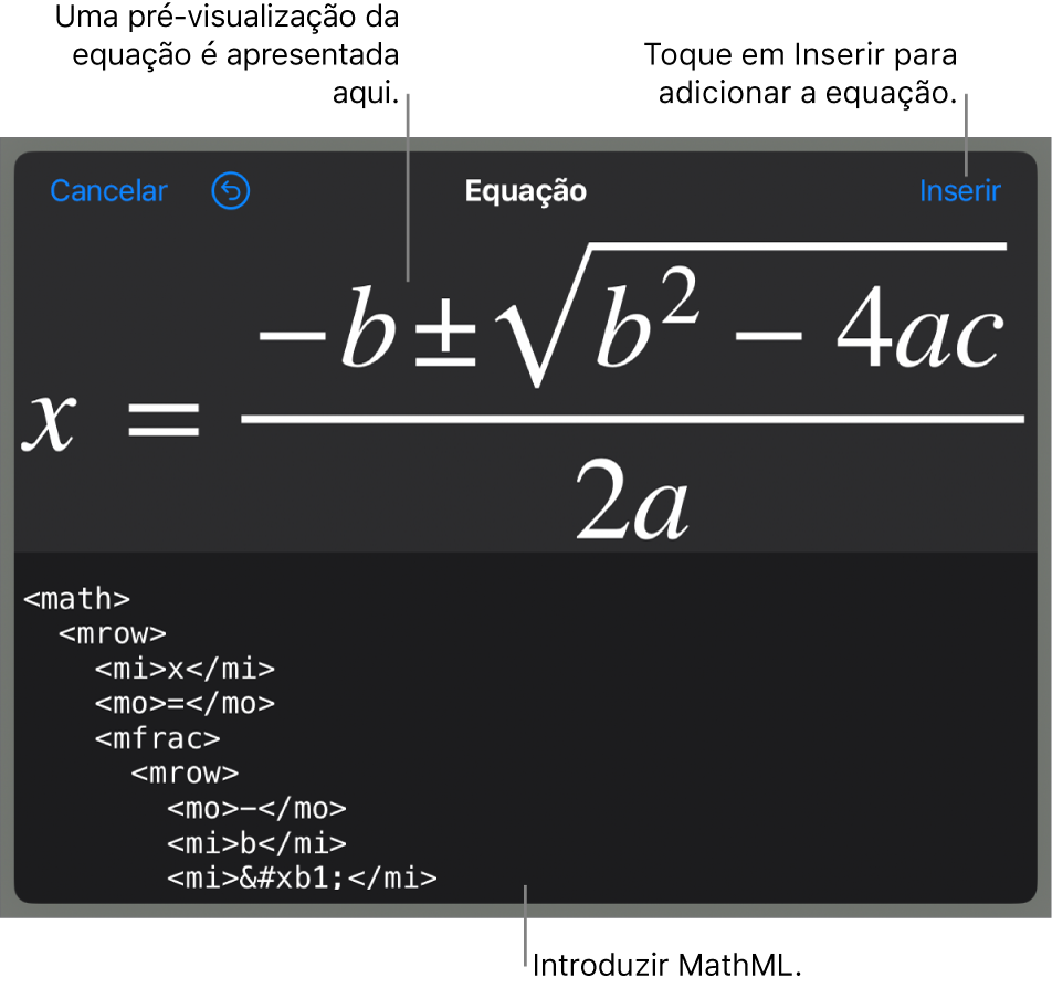 A caixa de diálogo “Equação”, apresentando uma equação escrita com recurso aos comandos MathML e uma pré-visualização da fórmula em cima.