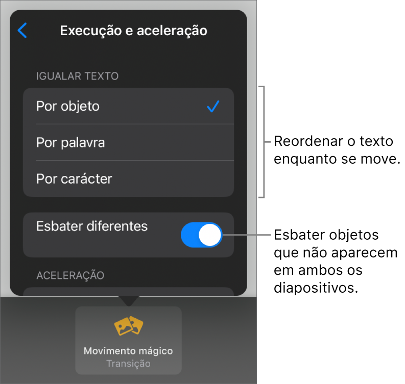 Opões de execução e aceleração do “Movimento mágico” no painel "Aceleração”.