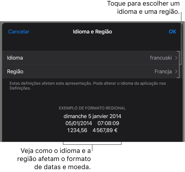 O painel “Idioma e região” com controlos de idioma e região e um exemplo da formatação, incluindo data, hora, decimal e moeda.