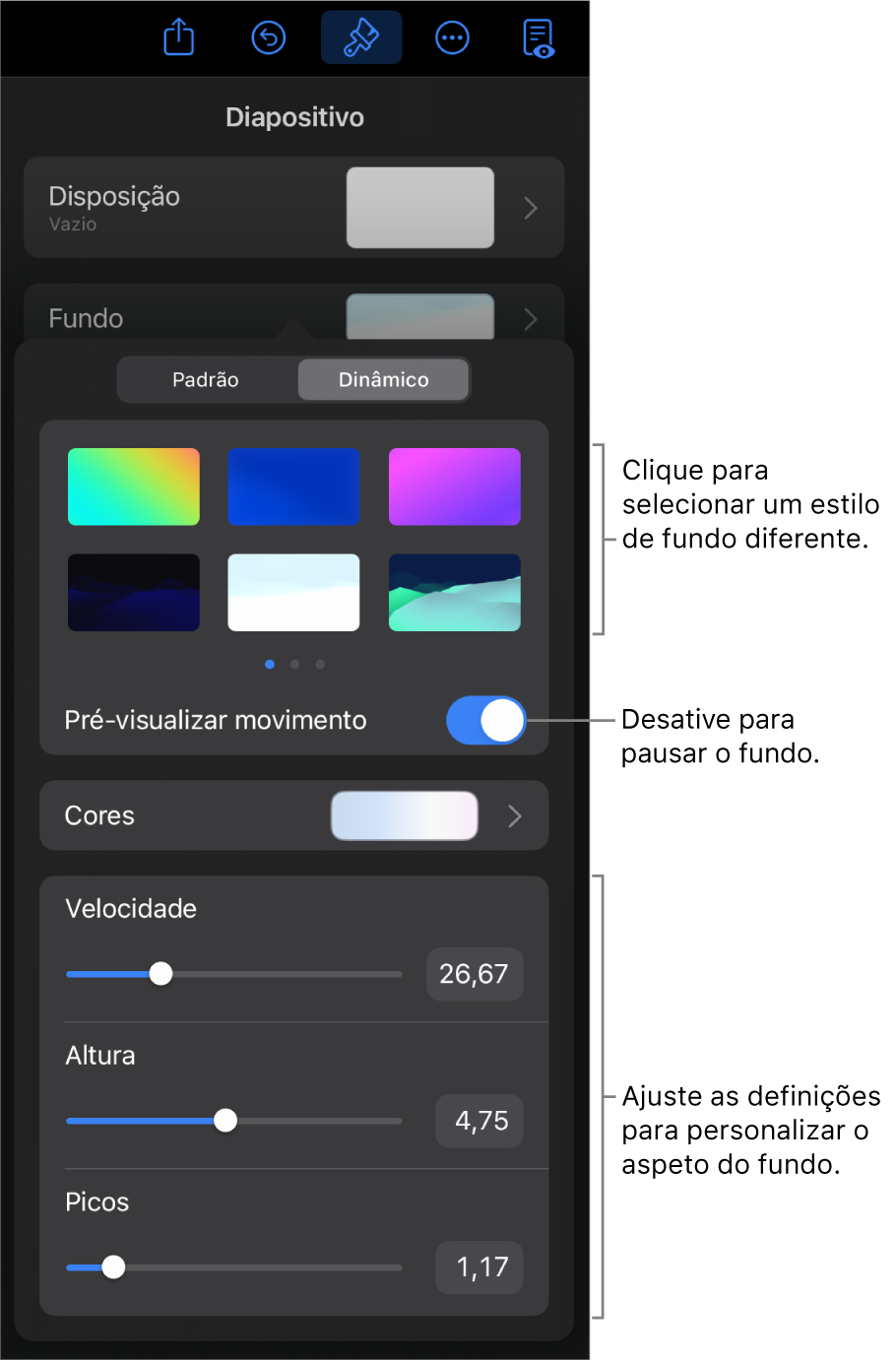 Os controlos de fundo dinâmico com as miniaturas do estilo de fundo, o botão "Pré‑visualizar movimento” e os controlos de personalização apresentados.