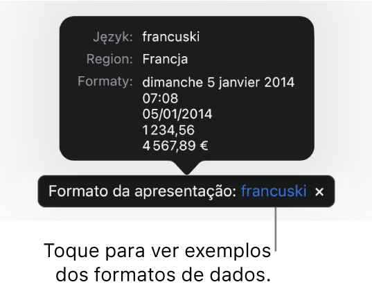 A notificação da definição diferente do idioma e região, apresentando exemplos da formatação nesse idioma e região.