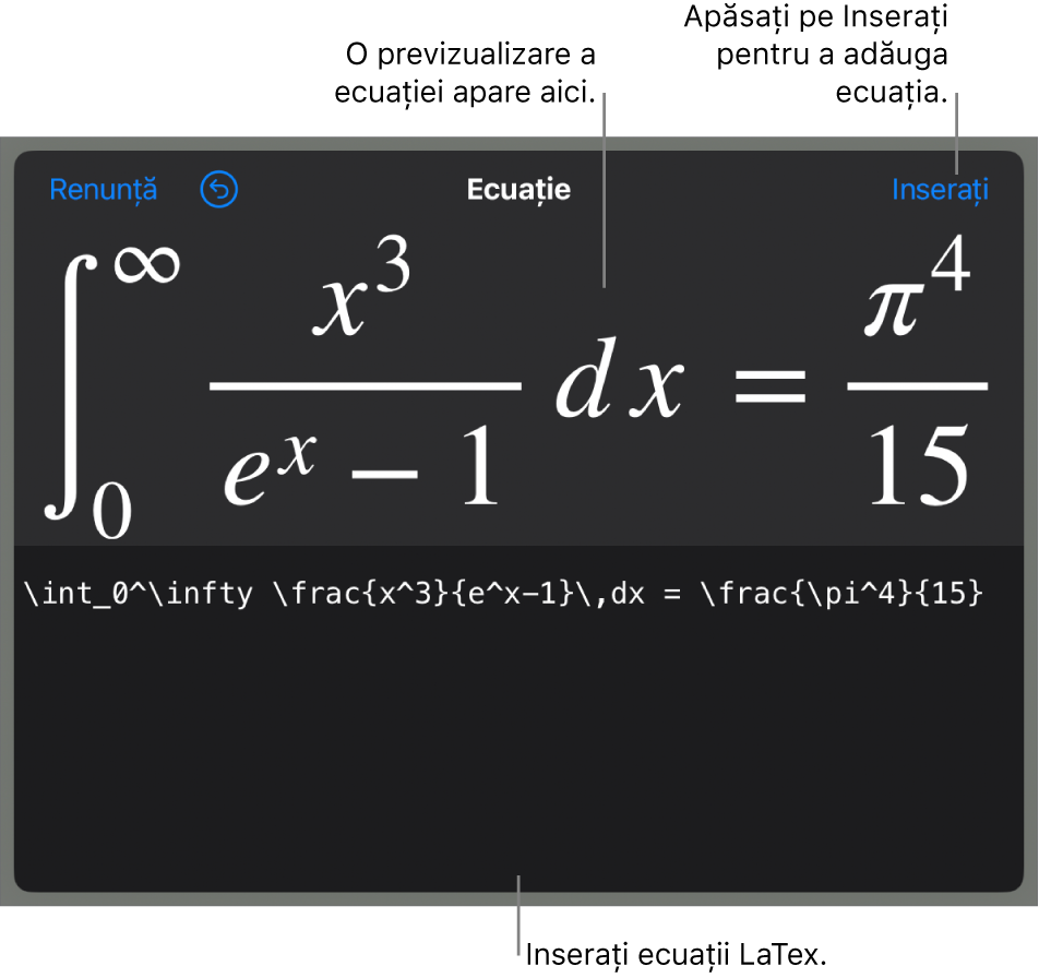 Caseta de dialog Ecuație, afișând o ecuație scrisă cu ajutorul comenzilor LaTex și, deasupra, o previzualizare a formulei.