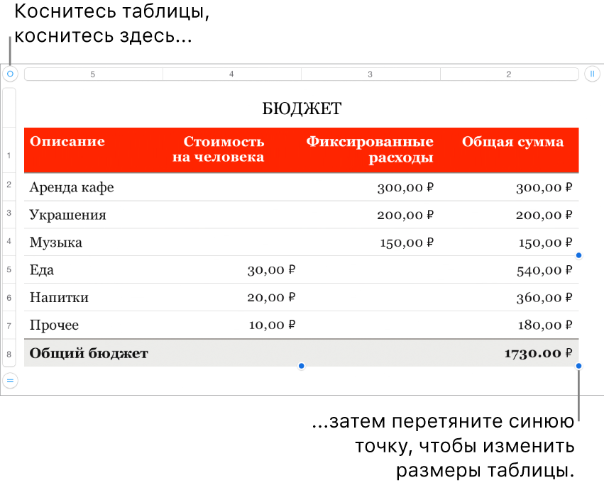 Выбранная таблица с синими точками для изменения размера.