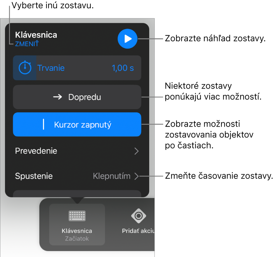 Možnosti zostavy zahŕňajú trvanie, doručenie a časovanie začiatku. Ak chcete vybrať inú zostavu, klepnite na Zmeniť. Klepnutím na Náhľad zobrazíte náhľad zostavy.