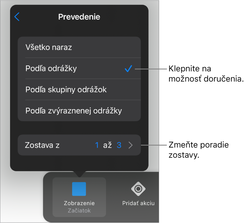 Možnosti doručenia na paneli Začiatok.