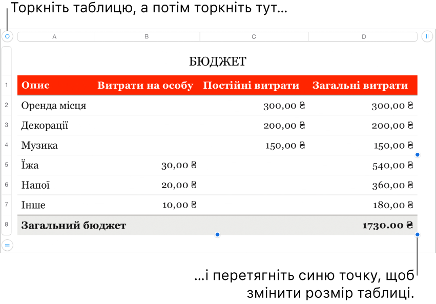 Вибрана таблиця із синіми точками, які призначені для редагування розміру.