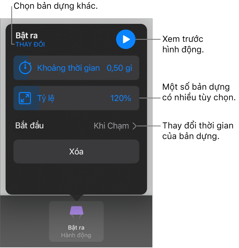 Các tùy chọn bản dựng bao gồm Thời lượng và Định thời gian bắt đầu. Chạm vào Thay đổi để chọn bản dựng khác hoặc chạm vào Xem trước để xem trước bản dựng.