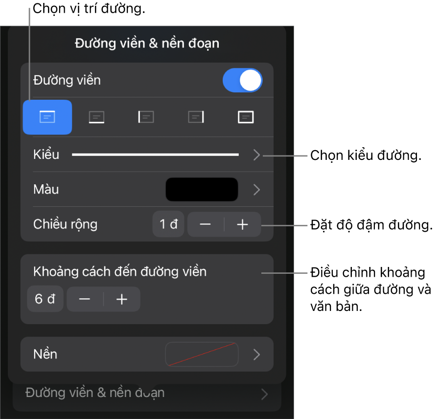 Các điều khiển để thay đổi kiểu đường, độ đậm, vị trí và màu.