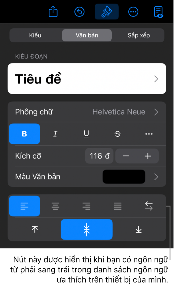 Các điều khiển văn bản trong menu Định dạng với chú thích tới nút Trái sang phải.