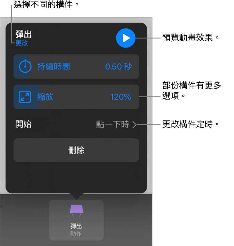 構件選項包含「持續時間」和「開始時間」。點一下「更改」來選擇不同構件，或點一下「預覽」來預覽構件。