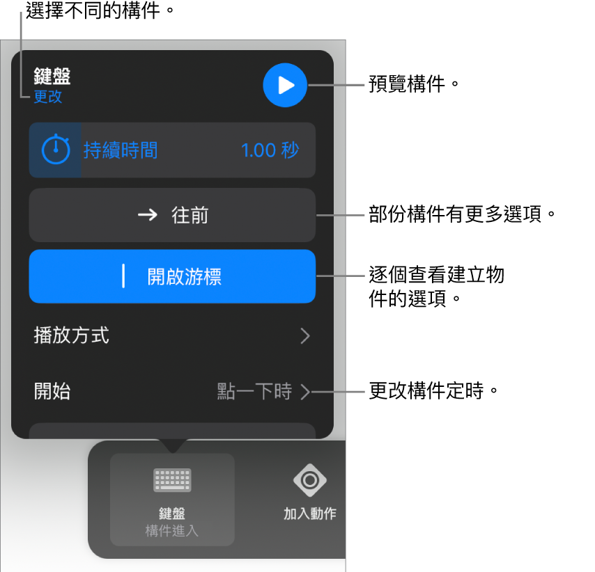 構件選項包含「持續時間」、「播放方式」和「開始時間」。點一下「更改」來選擇不同構件，或點一下「預覽」來預覽構件。