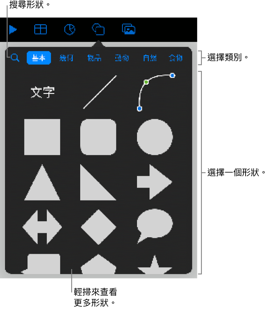 形狀資料庫，最上方是類別，下方顯示形狀。你可以使用最上方的搜尋欄位來尋找形狀，並捲動來查看更多。
