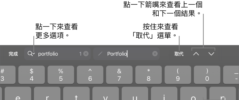 鍵盤上方的「尋找與取代」控制項目，説明文字指向「搜尋選項」、「取代」、「往上」和「往下」的按鈕。