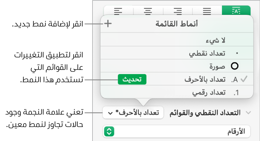 القائمة المنبثقة أنماط القائمة تعرض علامة نجمية تشير إلى تجاوز ووسائل شرح لزر نمط جديد وقائمة فرعية بخيارات لإدارة الأنماط.