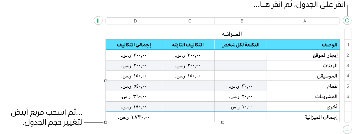 جدول محدد وبه مربعات بيضاء لتغيير الحجم.