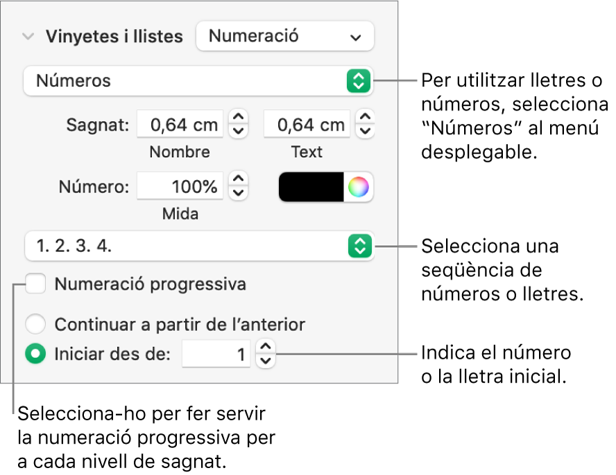 Controls per canviar l’estil dels números i l’espaiat d’una llista.