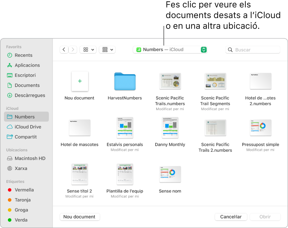 El quadre de diàleg Obrir, amb la barra lateral oberta a l’esquerra i l’iCloud Drive seleccionat al menú desplegable de la part superior. Les carpetes del Keynote, el Numbers i el Pages apareixen al quadre de diàleg juntament amb el botó “Nou document”.