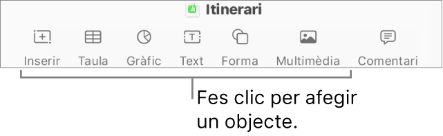 La finestra del Numbers, amb llegendes per als botons d’objectes de la barra lateral.