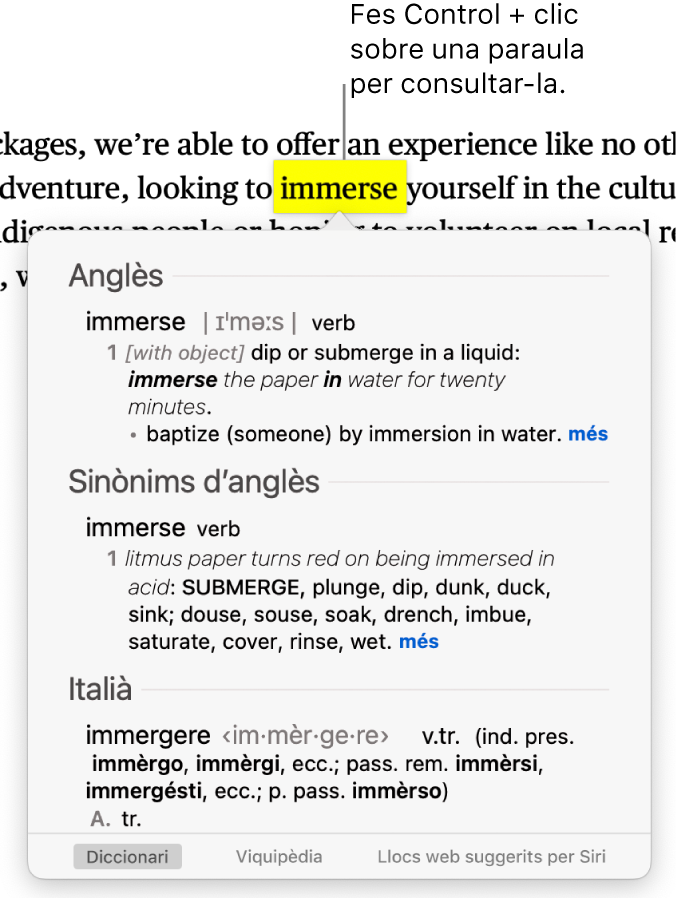 Text amb una paraula ressaltada i finestra que mostra la definició de la paraula i una entrada de tesaurus. Els tres botons a la part inferior de la finestra funcionen com a enllaç al diccionari, a la Viquipèdia i als llocs web suggerits de Siri.