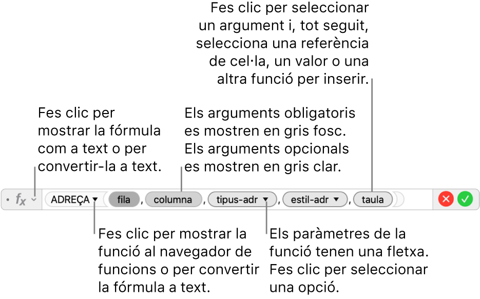 L’editor de fórmules, que mostra la funció ADREÇA i els arguments corresponents.