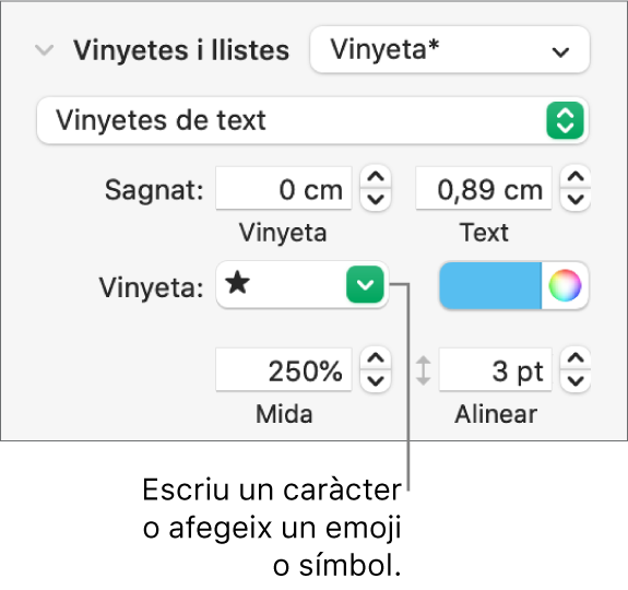 La secció “Vinyetes i llistes” de la barra lateral Format. El camp Vinyeta amb un emoji d’estrella.