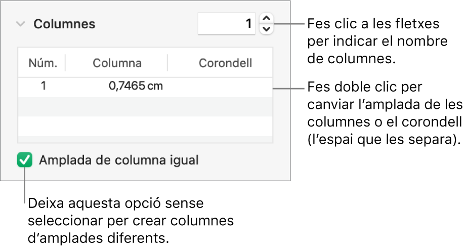 Controls de la secció de columnes per canviar el nombre de columnes i l’amplada de cada columna.