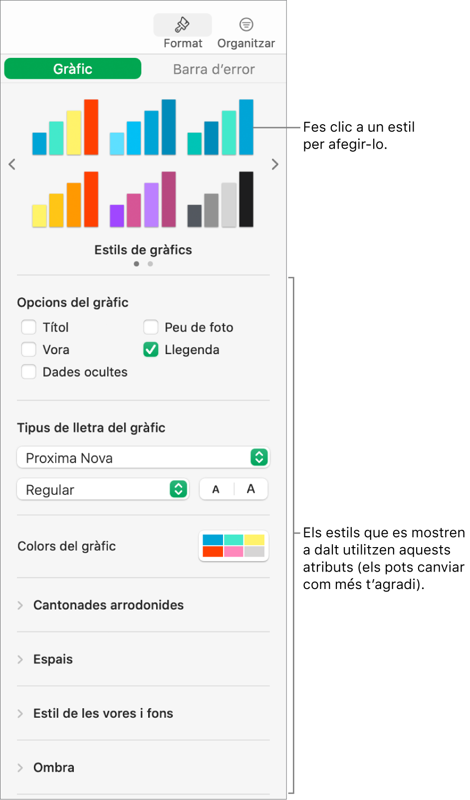 La barra lateral Format, que mostra els controls de formatar gràfics.