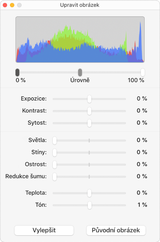 Okno Upravit obrázek s jezdci umožňujícími nastavit expozici, kontrast, sytost, světlá místa, stíny, ostrost, úroveň šumu, teplotu nebo tónování