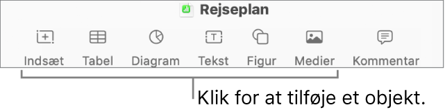 Værktøjslinjen i Numbers med knapperne Indsæt, Tabel, Diagram, Tekst, Figur og Medier.