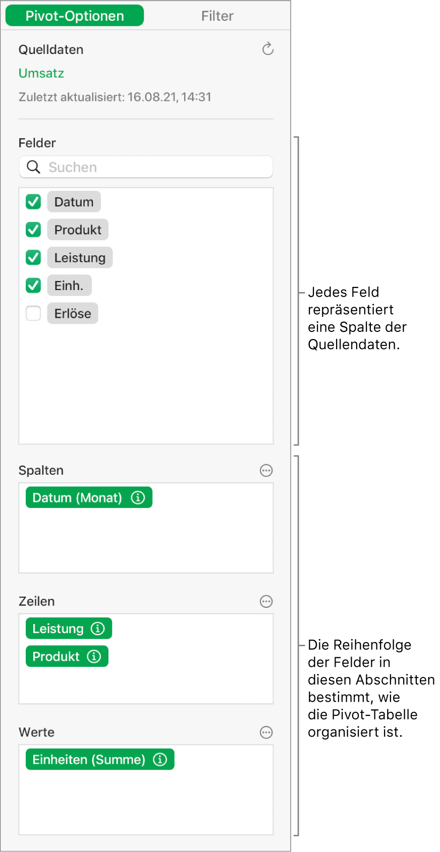 Der Tab „Pivot-Optionen“ in der Seitenleiste „Organisieren“ mit Feldern in den Abschnitten „Spalten“, „Zeilen“ und „Werte“ sowie Steuerelementen zum Bearbeiten der Felder und zum Aktualisieren der Pivot-Tabelle.