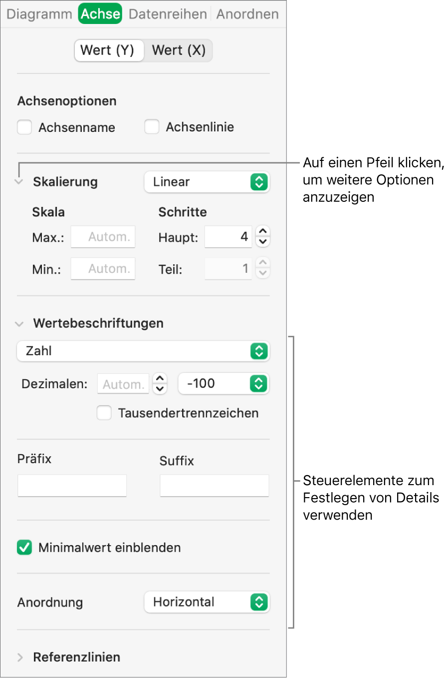 Steuerelemente zum Formatieren der Markierungen auf den Diagrammachsen