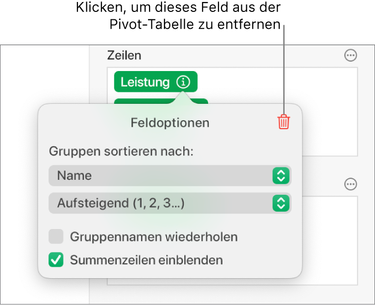 Das Menü „Feldoptionen“ mit Steuerelementen zum Gruppieren und Sortieren von Daten sowie einer Option zum Entfernen eines Feldes.