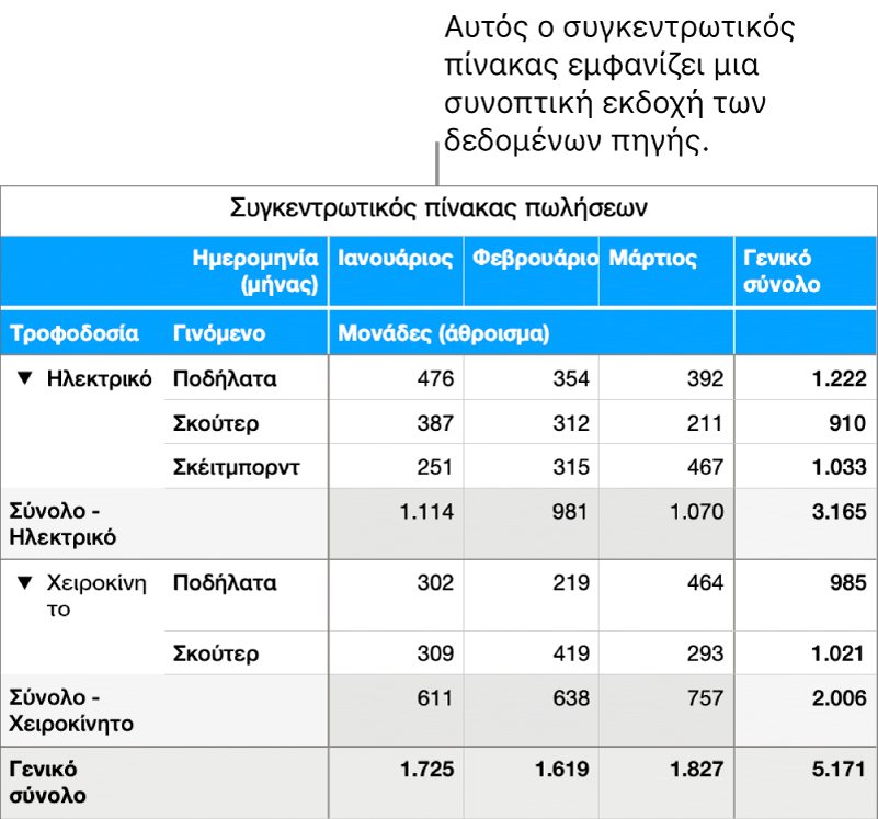 Ένας συγκεντρωτικός πίνακας που εμφανίζει συνοπτικά δεδομένα για ποδήλατα, πατίνια, σκέιτμπορντ, με στοιχεία ελέγχου για αποκάλυψη ορισμένων δεδομένων.