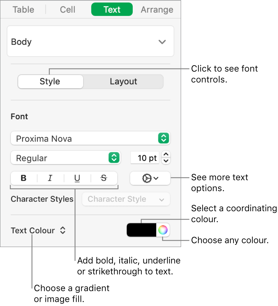 The controls for styling table text.