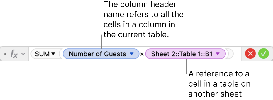 The Formula Editor showing a formula that refers to a column in one table and a cell in another table.