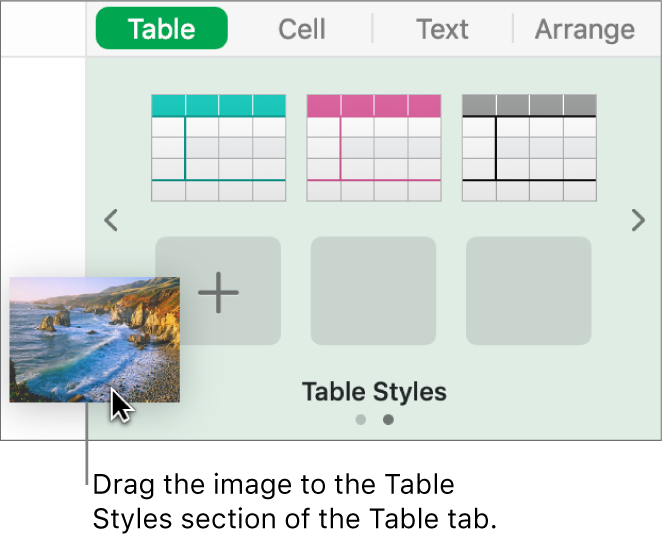 Dragging an image into the table styles to create a new style.