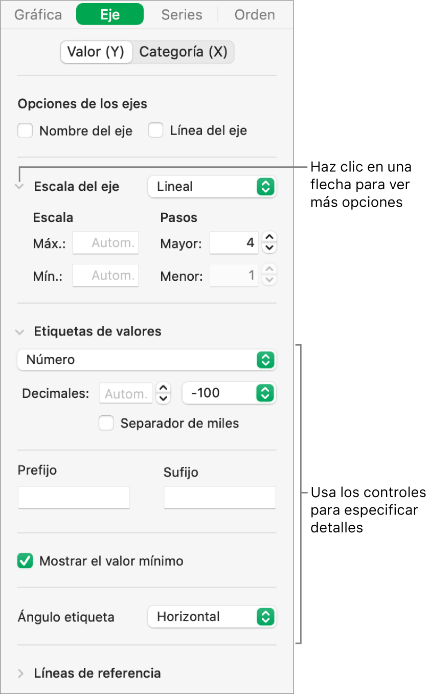 Controles para dar formato a las marcas de eje de una gráfica.