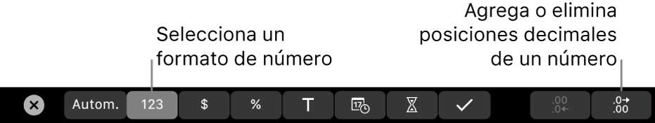 La Touch Bar de la MacBook Pro con controles para seleccionar un formato para los datos y agregar o eliminar lugares decimales a un número.