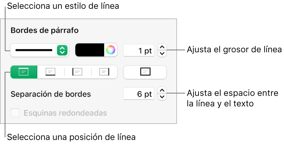 Controles para cambiar el estilo de línea, grosor, posición y color.