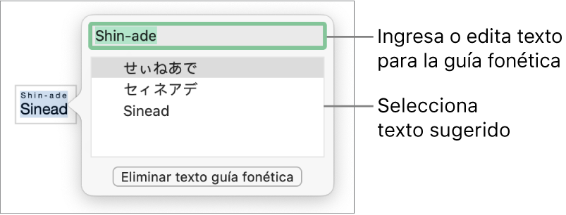 Guía fonética abierta para una palabra, con mensajes en el campo de texto y en el texto sugerido.