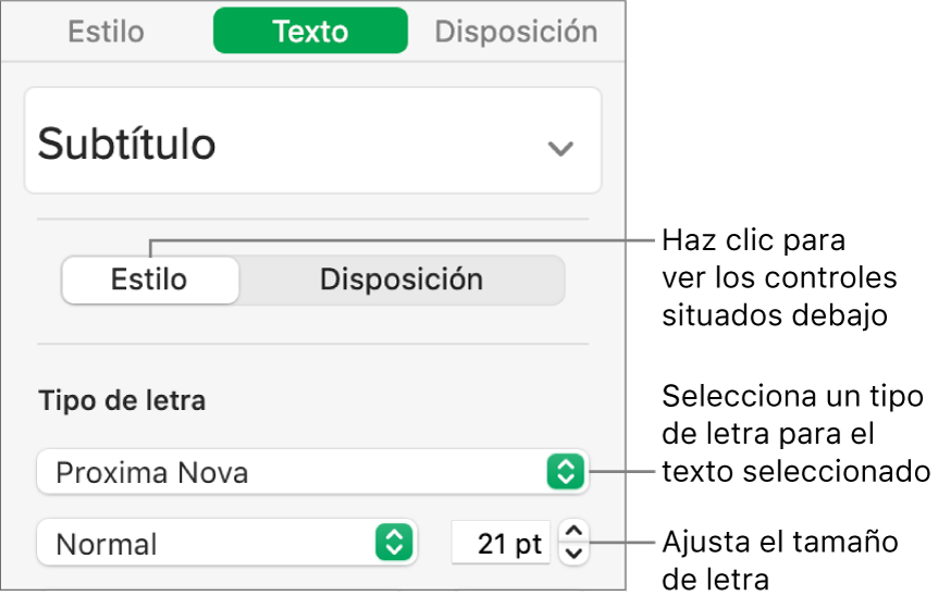 Controles de texto de la sección Estilo de la barra lateral Formato para ajustar el tamaño y el tipo de letra.