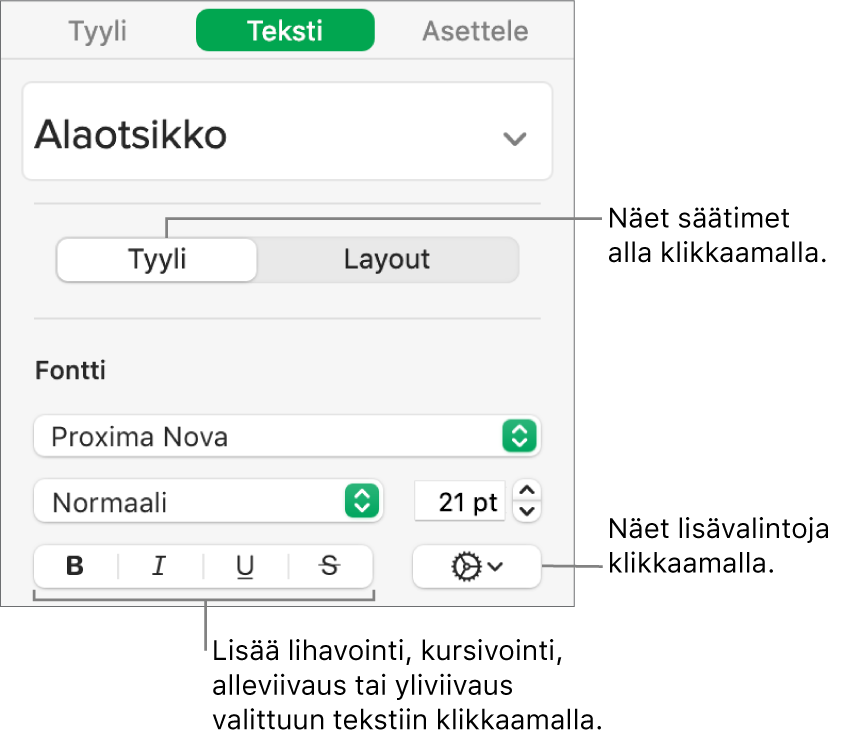 Sivupalkin Tyyli-säätimet ja selitteet Lihavoi-, Kursivoi-, Alleviivaa- ja Yliviivaa-painikkeisiin.