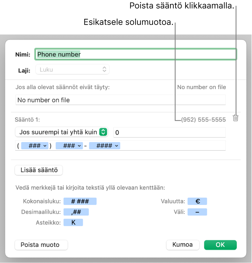 Muokattu numerosolumuoto, joka sisältää sääntöjä.