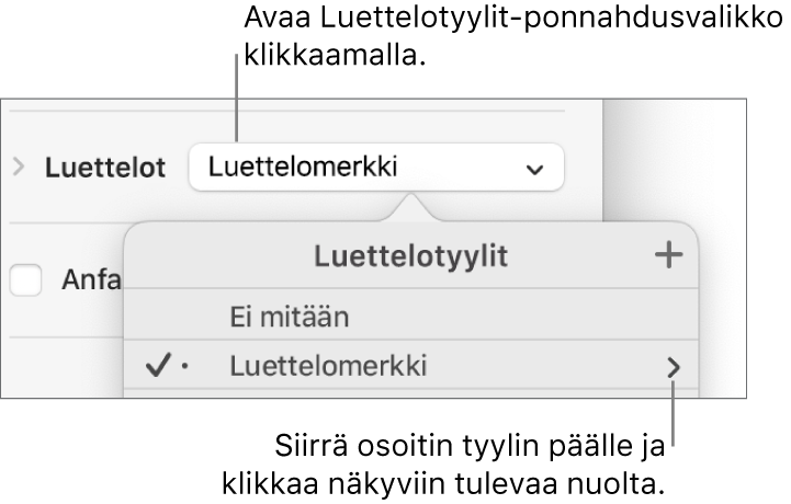 Luettelotyylit-ponnahdusvalikko, jossa on yksi tyyli valittuna ja nuoli sen oikeaan reunaan.