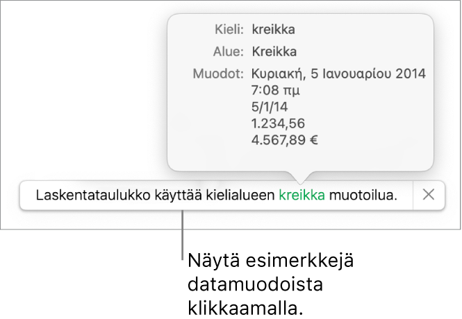 Eri kieli- ja alueasetuksen ilmoitus, jossa on esimerkkejä kyseisen kielen ja alueen muotoilusta.