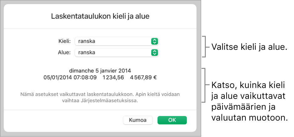 Kieli ja alue -osio, jossa näkyvät kielen ja alueen säätimet sekä muotoesimerkki mukaan lukien päivämäärä, aika, desimaali ja valuutta.