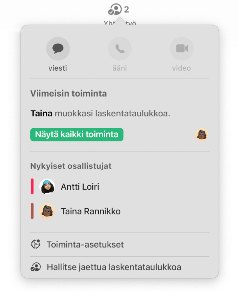 Yhteistyö-valikko, jossa on näkyvissä laskentataulukon parissa yhteistyötä tekevien käyttäjien nimet.